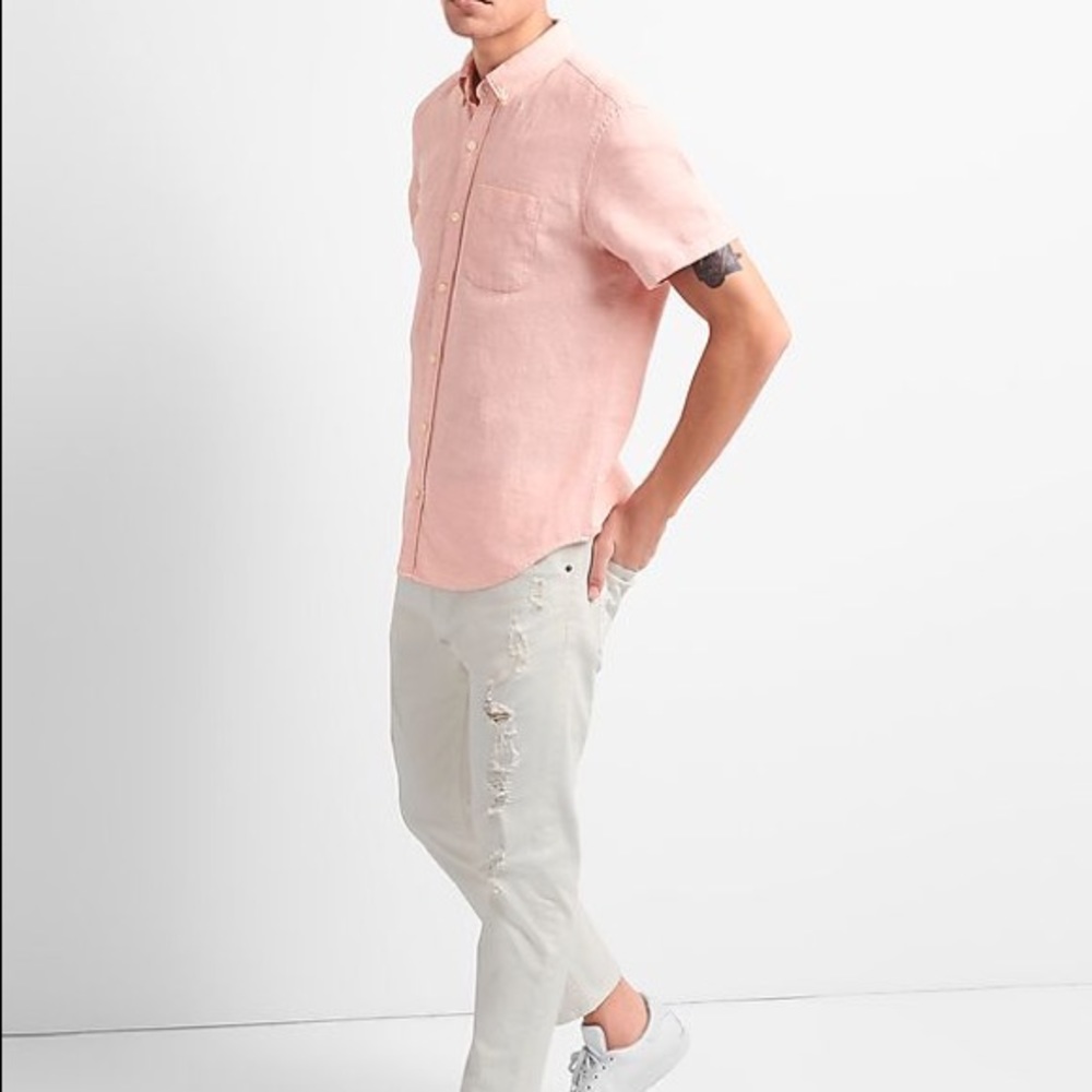 GAP Pink Standard Fit SS Shirt In Linen-Cotton $50 MSRP